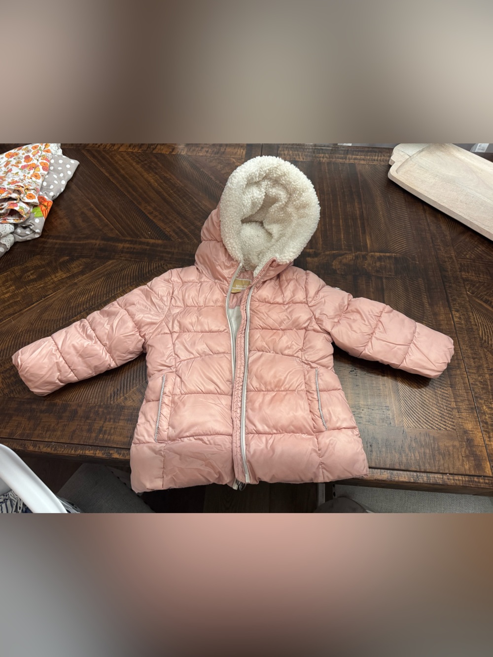 Michael Kors Pink Puffer Jacket with Faux Shearling Hood
